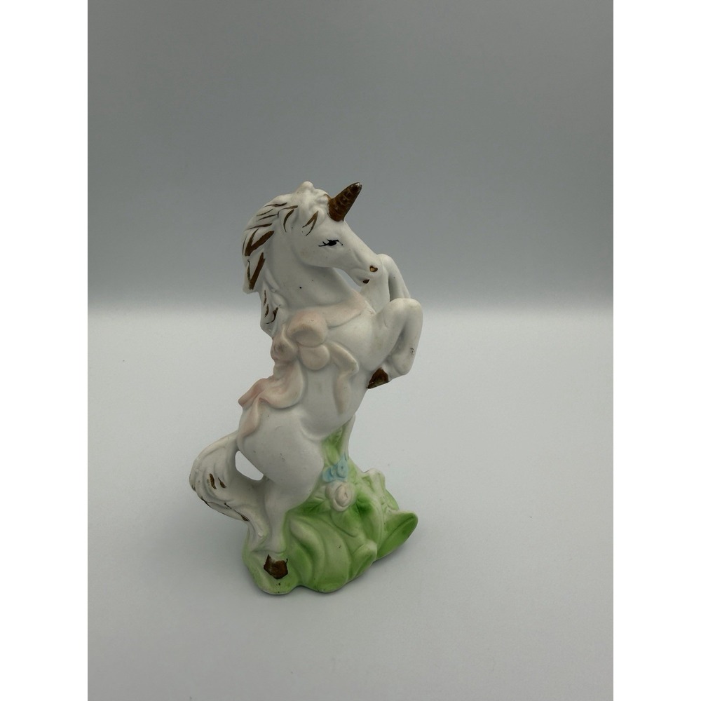 Vintage White Porcelain Bisque Rearing Unicorn Small Figurine
